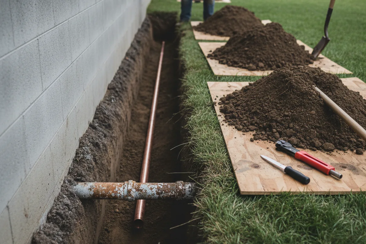 Excavated water line trench during Water Softener Installation in Clermont